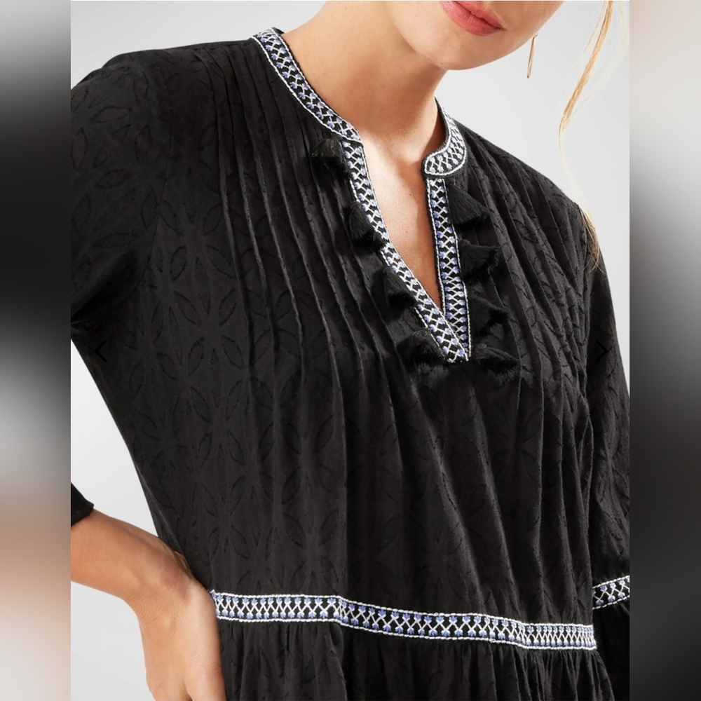 Tommy Bahama Black Embroidered Tassel V-neck Dress Womens Size XS Tunic Cotton - Picture 2 of 16